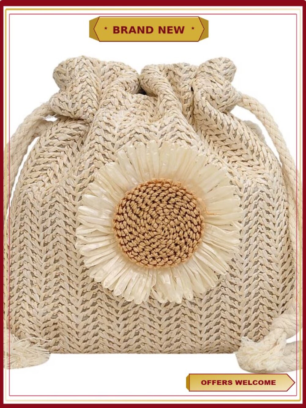 Woven Crossbody Bucket Bag Drawstring Hobo Purse Vacation Beach Handbag